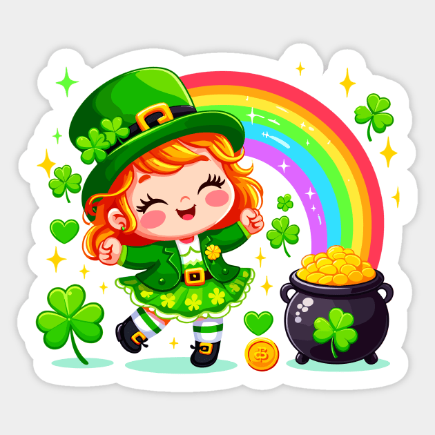 A cute Irish Lassie dancing an Irish jig celebrates St Patrick's Day with a rainbow pot of gold and shamrocks Irish Pride Irish American four leaf clovers Irish dance Sticker by Tees 4 Thee